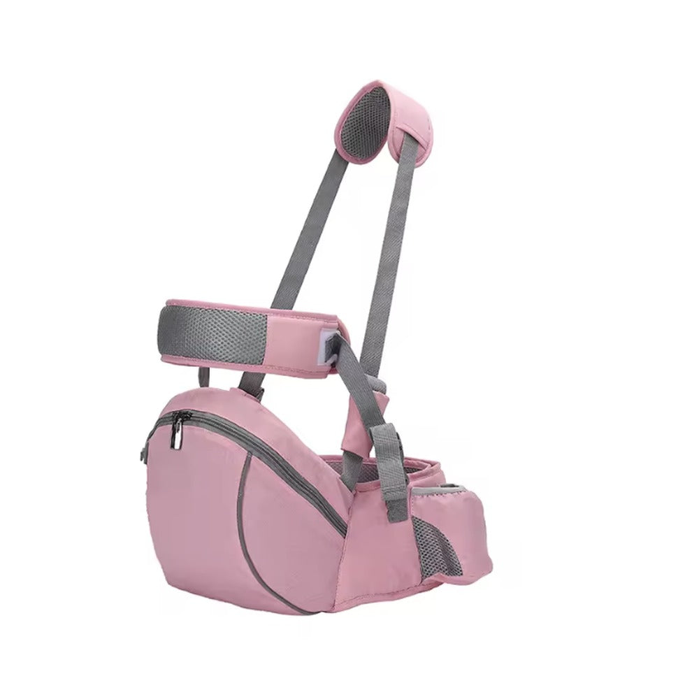 HugPack hip seat carrier in pink with grey padded shoulder strap and mesh waist belt